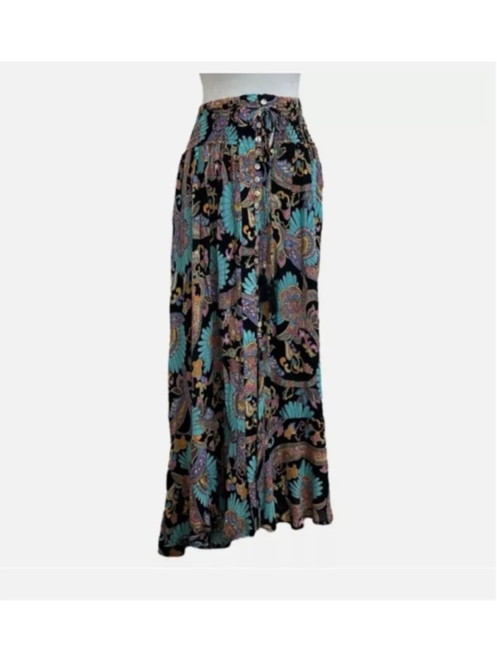 Haute Hippie Maxi Skirt M Black Turquoise Paisley boho Y2K beach flowy - Picture 2 of 9